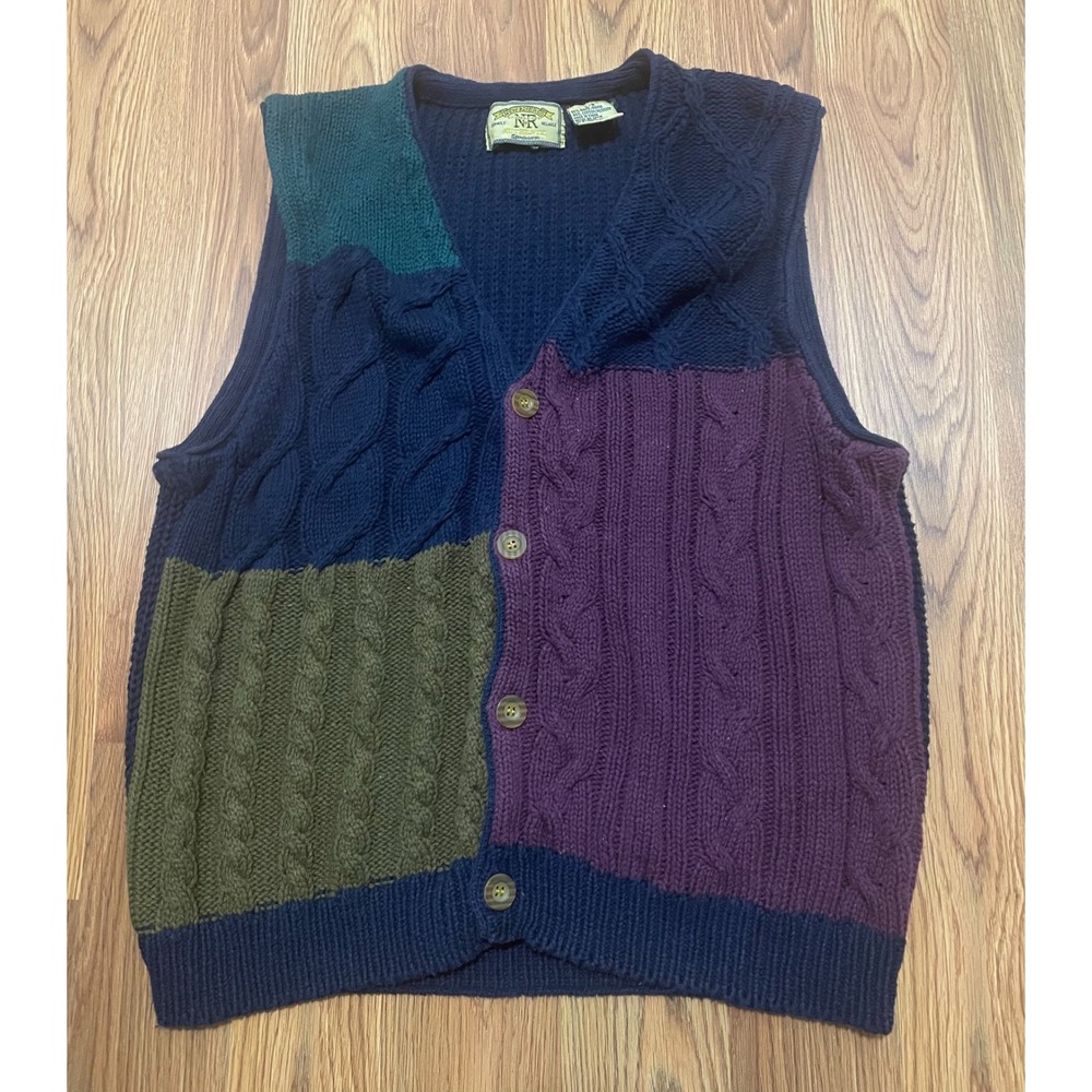 New River Sweater Vest Mens Large Cable Knit Colorblock V Neck Button Front